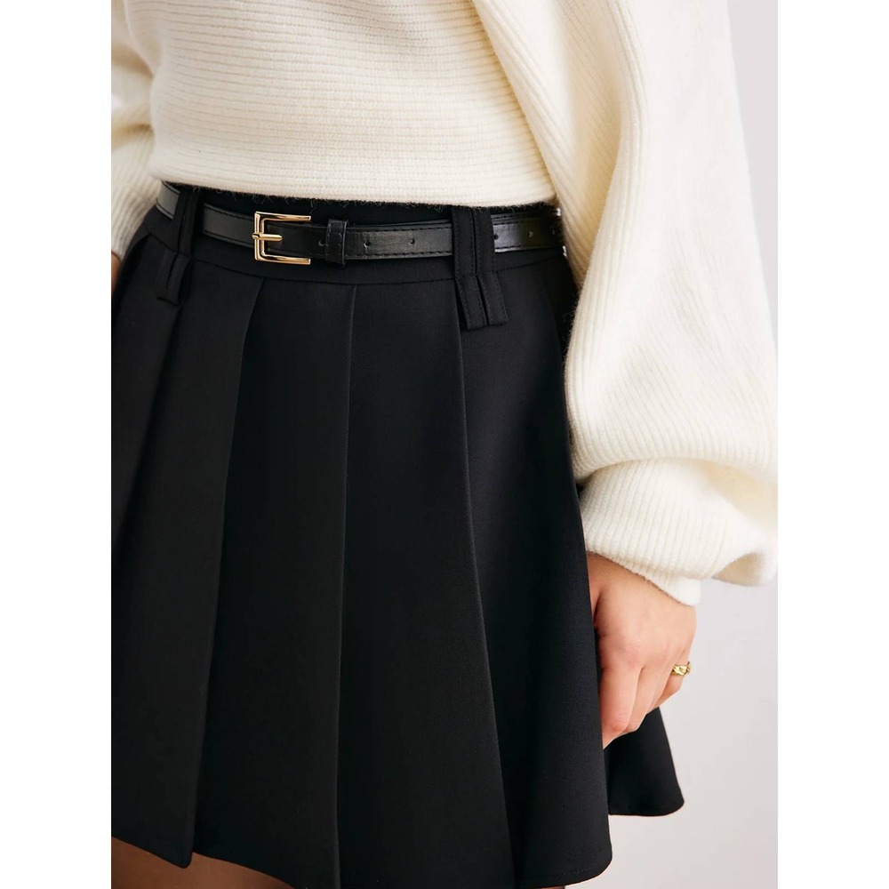 COMMENSE Black Pleated cotton-blend Mid Waist Mini Skirt Tailored Chic XS US 2